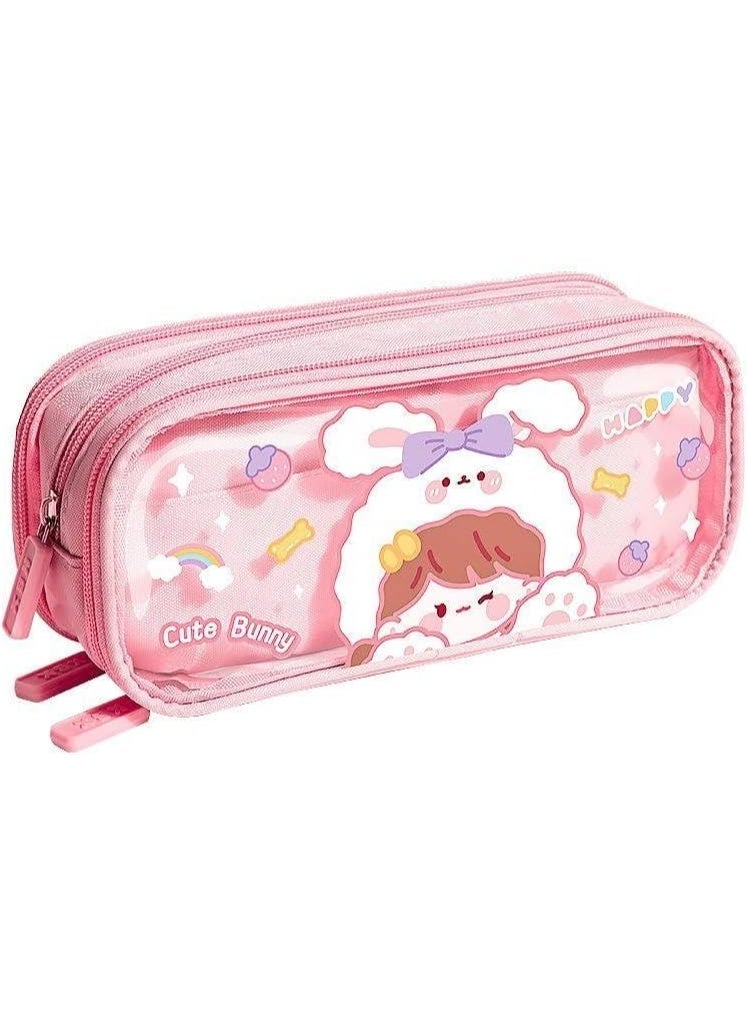 Large capacity transparent fabric pencil case with cute cartoon print and three compartments for organizing stationery, multi-functional with a durable zipper design (cute rabbit pattern) - Image 1